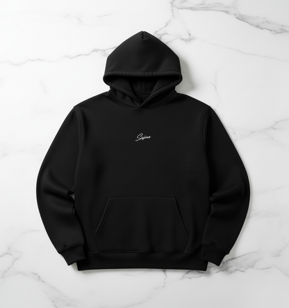 Black hoodie front with Sisino embroidery